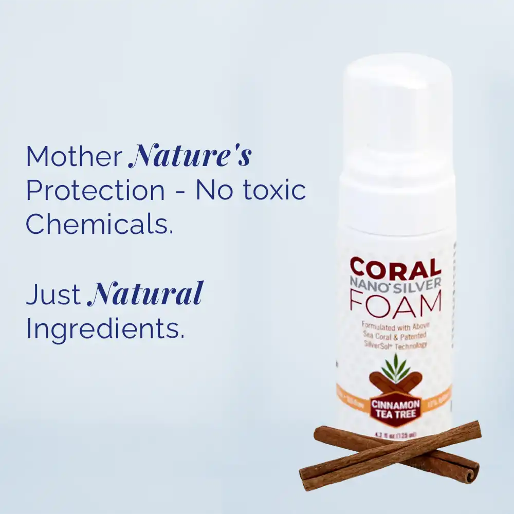 Coral Nano Silver Foaming Toothpaste Cinnamon Tea Tree flavor bottle with cinnamon sticks — natural fluoride-free oral care formulated with above sea coral and patented SilverSol technology. Text on image reads: Mother Nature’s protection – no toxic chemicals. Just natural ingredients.