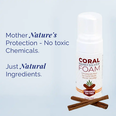 Coral Nano Silver Foaming Toothpaste Cinnamon Tea Tree flavor bottle with cinnamon sticks — natural fluoride-free oral care formulated with above sea coral and patented SilverSol technology. Text on image reads: Mother Nature’s protection – no toxic chemicals. Just natural ingredients.