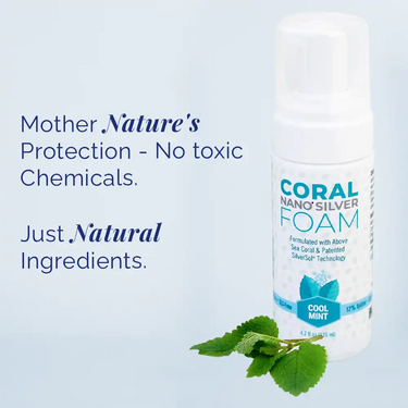 Coral Nano Silver Foam bottle with mint leaves on a light blue background