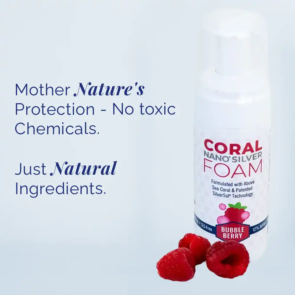 Coral Nano Silver Foaming Toothpaste Bubble Berry flavor with raspberries — natural fluoride-free oral care formulated with above sea coral and patented SilverSol technology. Text on image reads: Mother Nature’s protection – no toxic chemicals. Just natural ingredients.
