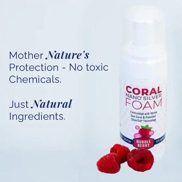 Coral Nano Silver Foaming Toothpaste Bubble Berry flavor with raspberries — natural fluoride-free oral care formulated with above sea coral and patented SilverSol technology. Text on image reads: Mother Nature’s protection – no toxic chemicals. Just natural ingredients.