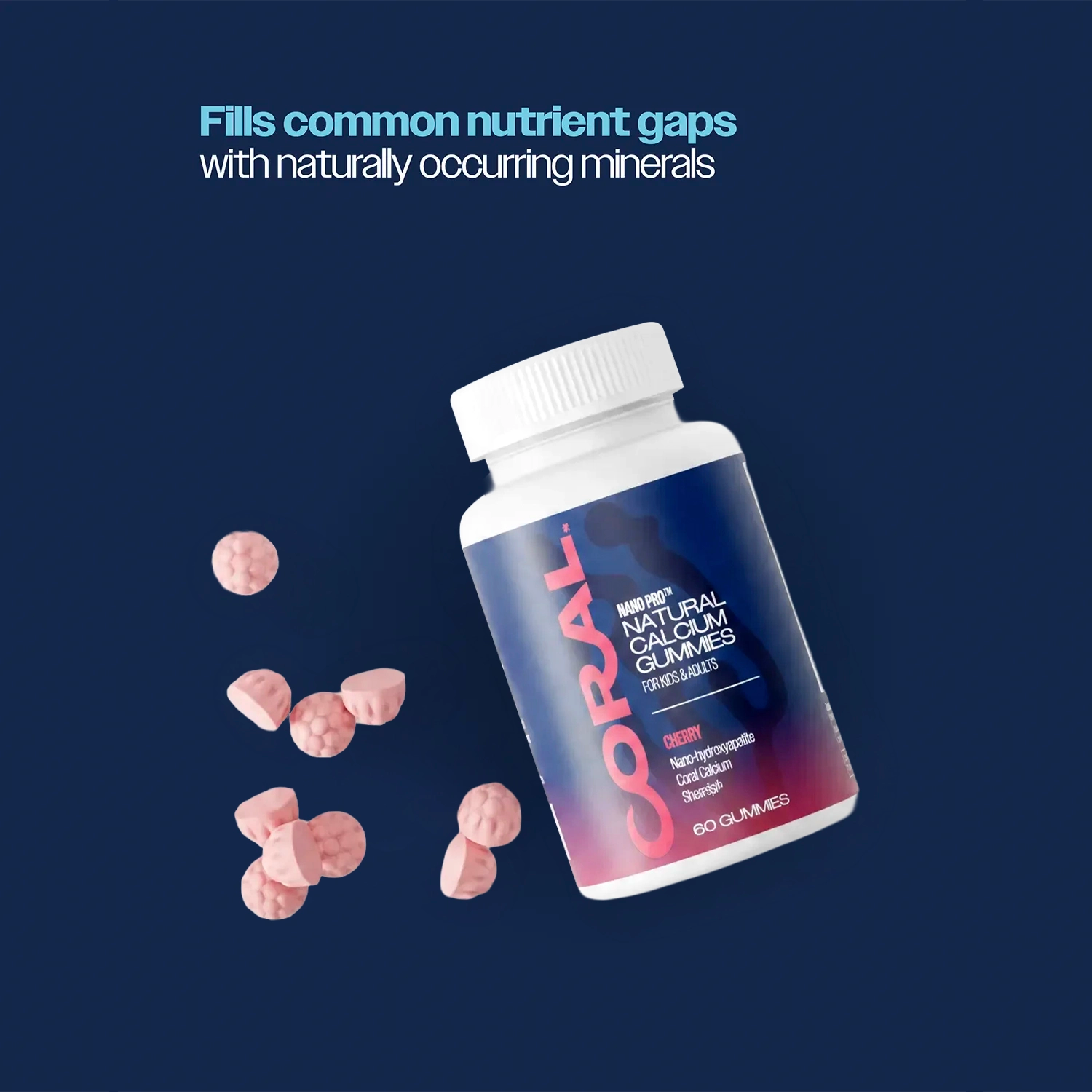 Bottle of Coral Calcium Gummies with scattered gummies on a dark blue background