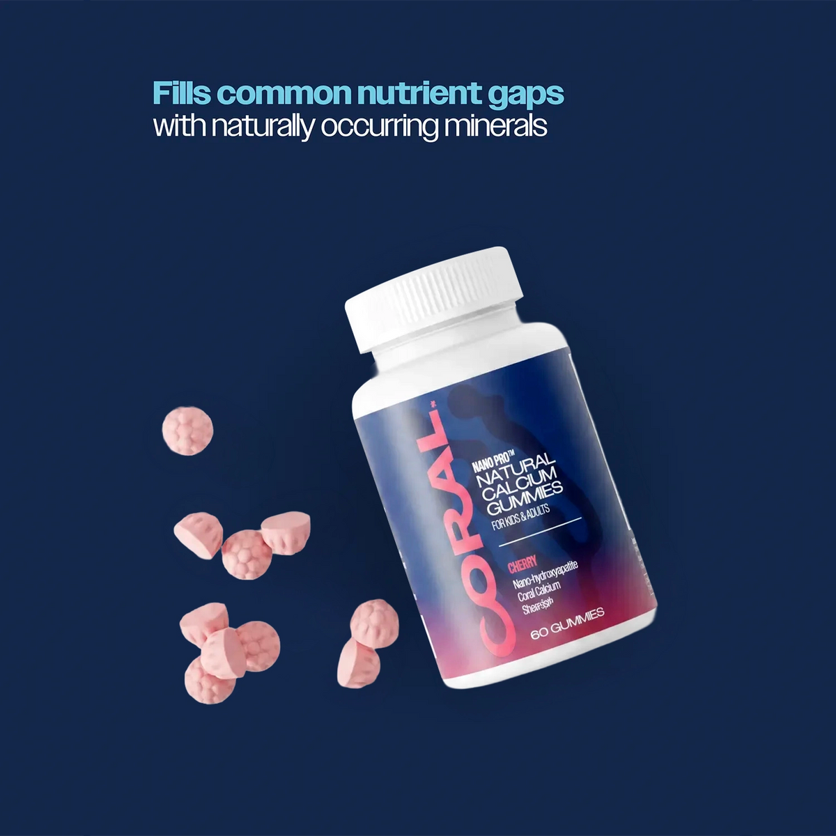 Bottle of Coral Calcium Gummies with scattered gummies on a dark blue background