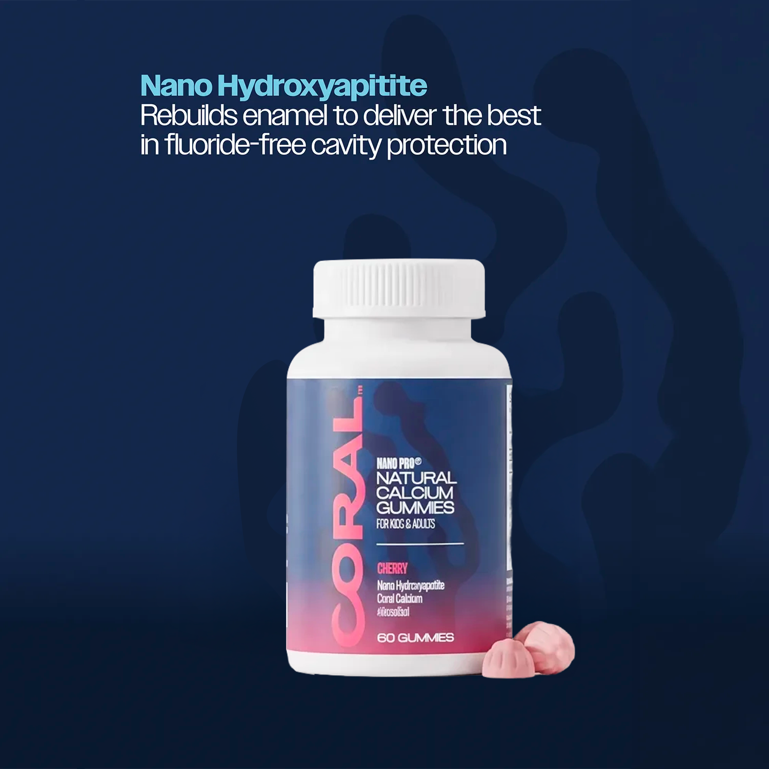 Bottle of Coral Nano Calcium on a dark blue background with text about fluoride-free cavity protection.