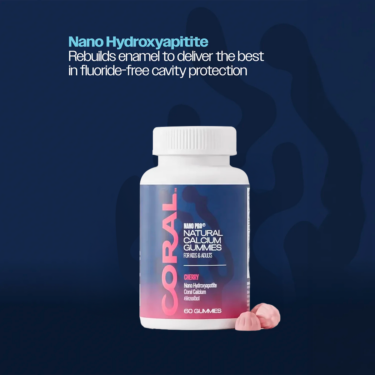 Bottle of Coral Nano Calcium on a dark blue background with text about fluoride-free cavity protection.