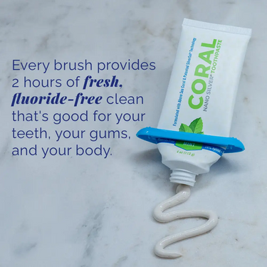 Coral Nano Silver Toothpaste with mint flavor showing fluoride-free formula that delivers long-lasting fresh breath and gentle cleaning powered by nano silver and coral calcium.