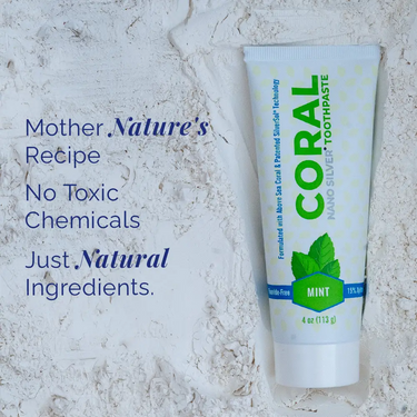 Coral Nano Silver Mint Toothpaste tube made with natural ingredients and patented nano silver technology, formulated without toxic chemicals for safe family oral care.