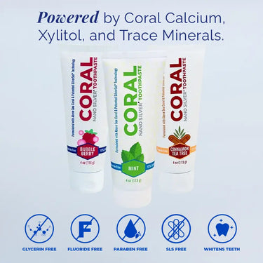 Coral Nano Silver Toothpaste family bundle featuring Mint, Bubble Berry, and Cinnamon Tea Tree flavors, powered by coral calcium, xylitol, and trace minerals, fluoride-free and SLS-free.