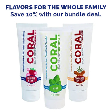 Coral Nano Silver Toothpaste family bundle with Mint, Bubble Berry, and Cinnamon Tea Tree flavors, offering fluoride-free oral care powered by coral calcium and nano silver technology.