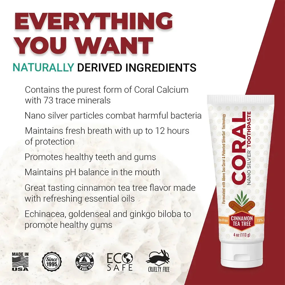 Coral Nano Silver Toothpaste tube with product details on a white and red background