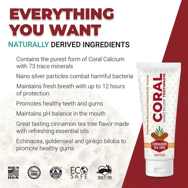 Coral Nano Silver Toothpaste tube with product details on a white and red background