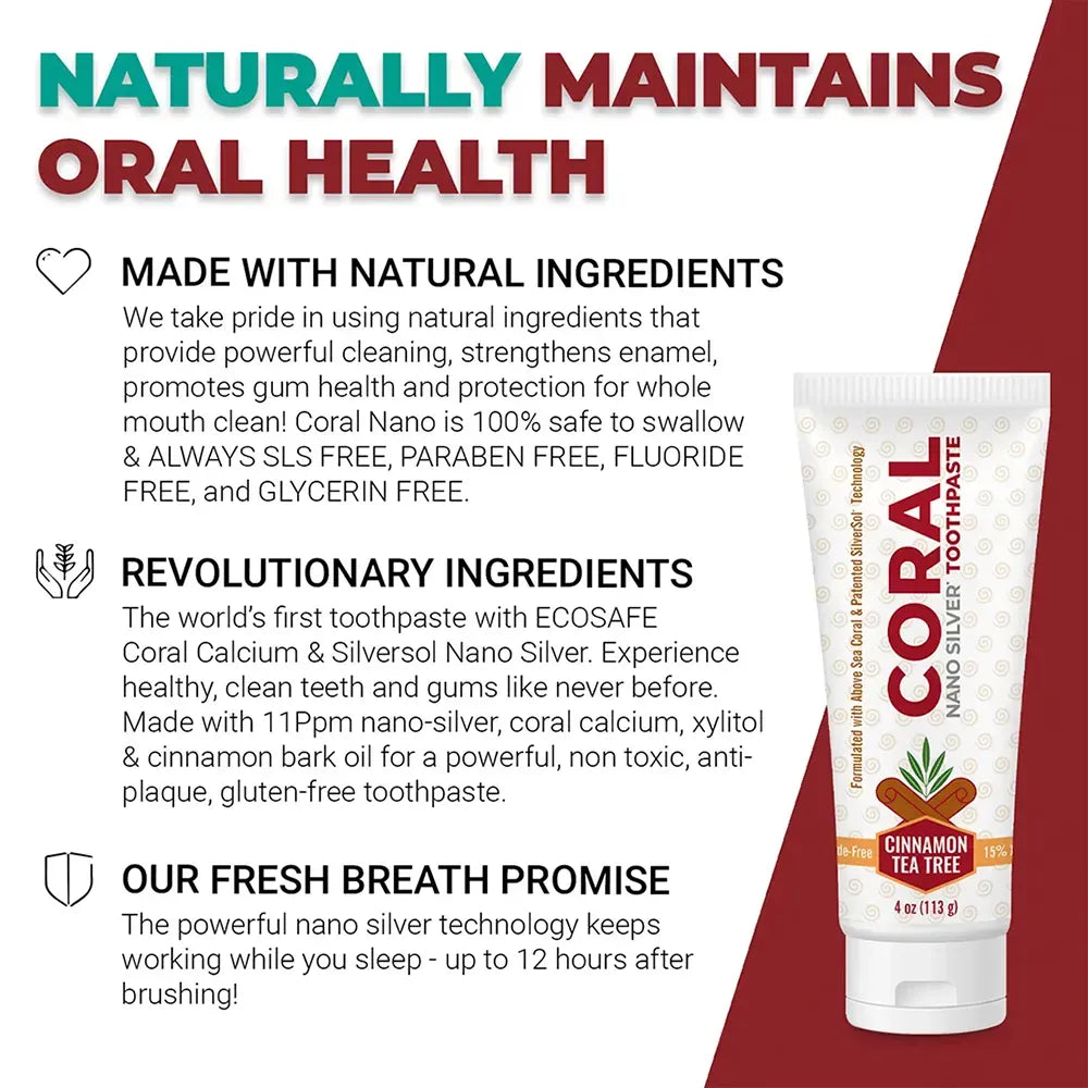 Coral Nano Toothpaste tube with natural ingredients and health benefits on a white background