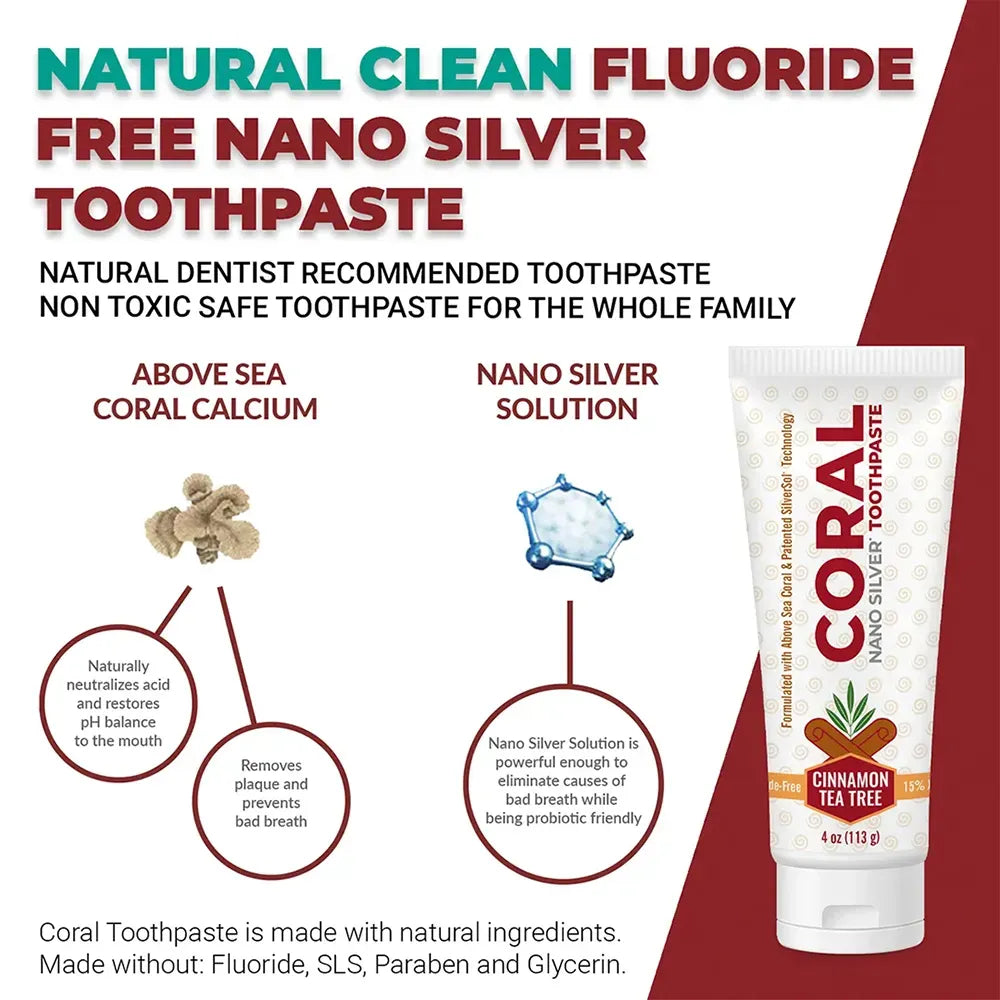 Coral Nano Silver Toothpaste tube with product features on a red background