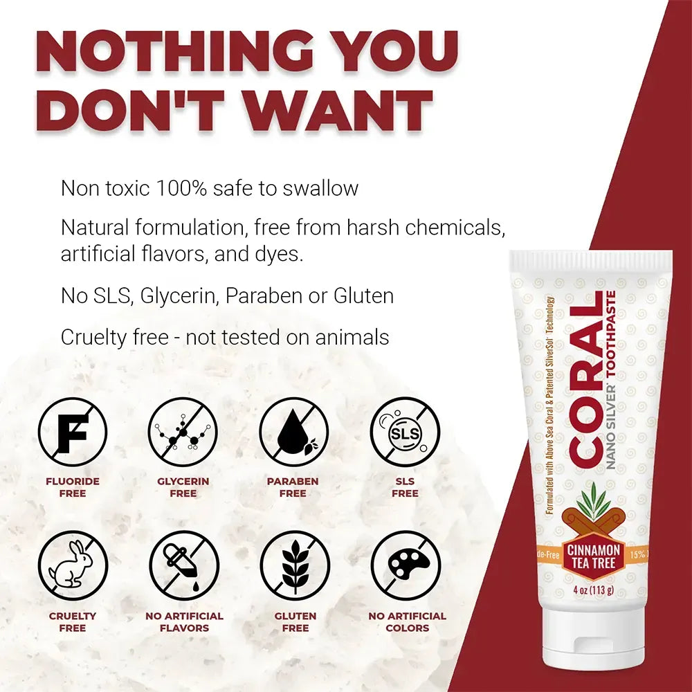Coral Cinnamon Tea Tree toothpaste tube with safety and formulation information on a red and white background.
