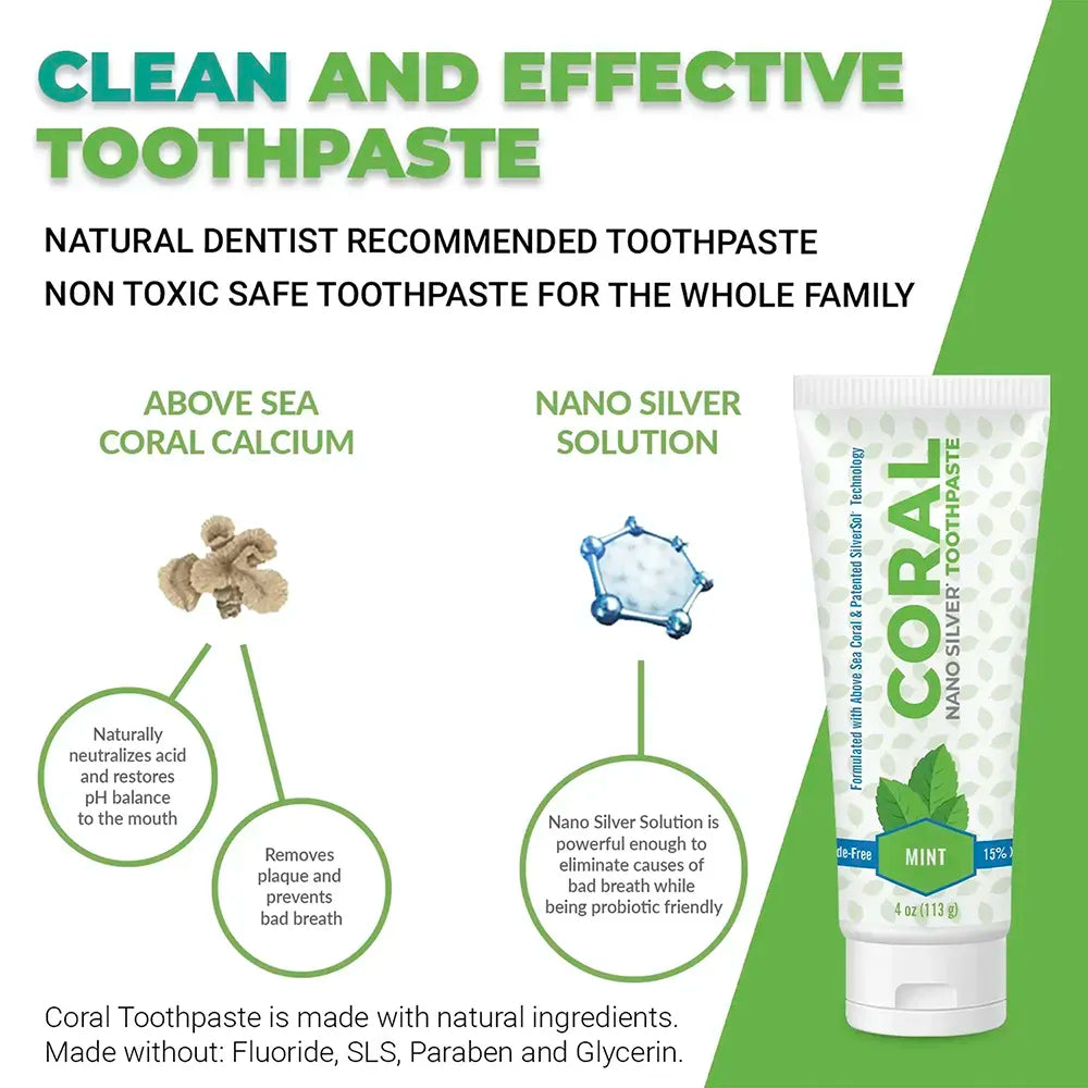Coral toothpaste tube with natural ingredients and benefits on a green background