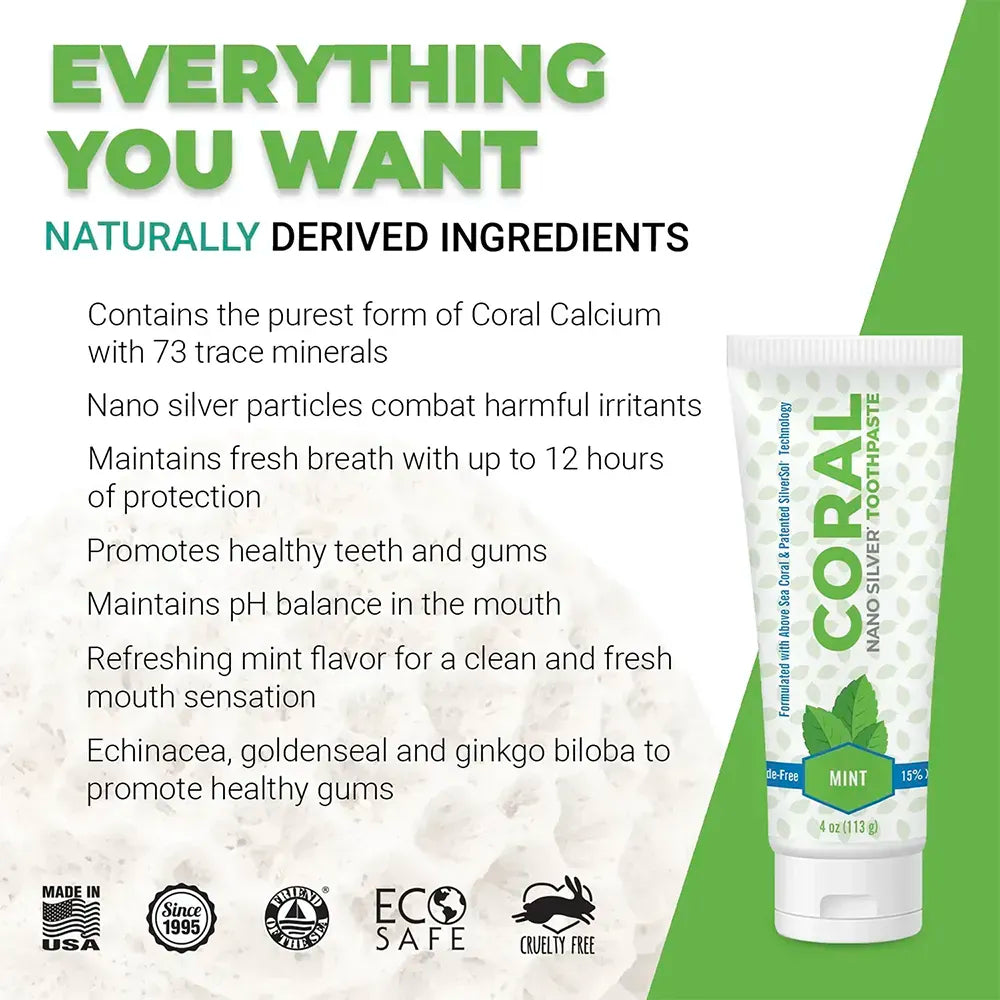 Coral Nano Silver Toothpaste tube with product features on a white and green background