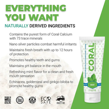 Coral Nano Silver Toothpaste tube with product features on a white and green background