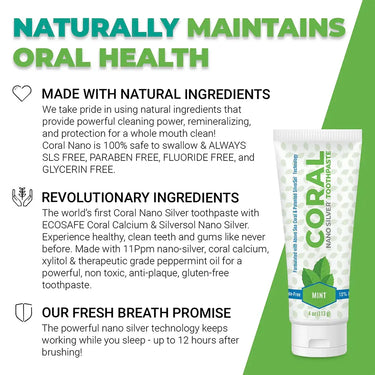 Infographic featuring Coral Nano Silver Toothpaste Mint highlighting its natural and revolutionary ingredients. Made with ECOSAFE Coral Calcium and Silversol Nano Silver, this fluoride-free, SLS-free, paraben-free, and glycerin-free toothpaste promotes oral health, fresh breath, and strong gums. Provides up to 12 hours of protection with nano-silver technology and therapeutic peppermint oil.