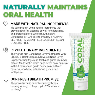 Coral Nano Silver Toothpaste tube with product details on a green background