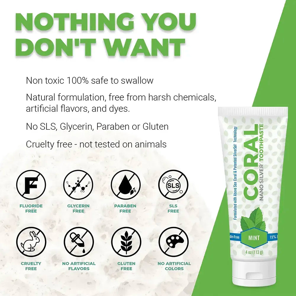 Coral Nano Silver Toothpaste packaging with product and safety features listed on a green and white background.