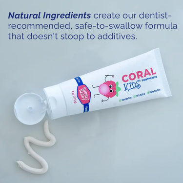 Coral White Kids Bubble Berry fluoride-free toothpaste shown open with natural ingredients messaging, highlighting a safe-to-swallow, gentle kids oral care formula.