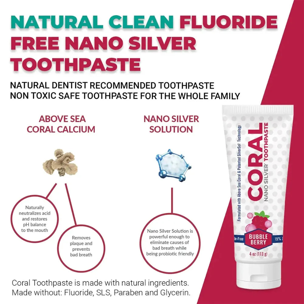 Tube of Coral Nano Silver Toothpaste in Bubble Berry flavor, with product benefits like Above Sea Coral Calcium and Nano Silver Solution shown on a red and white infographic background.