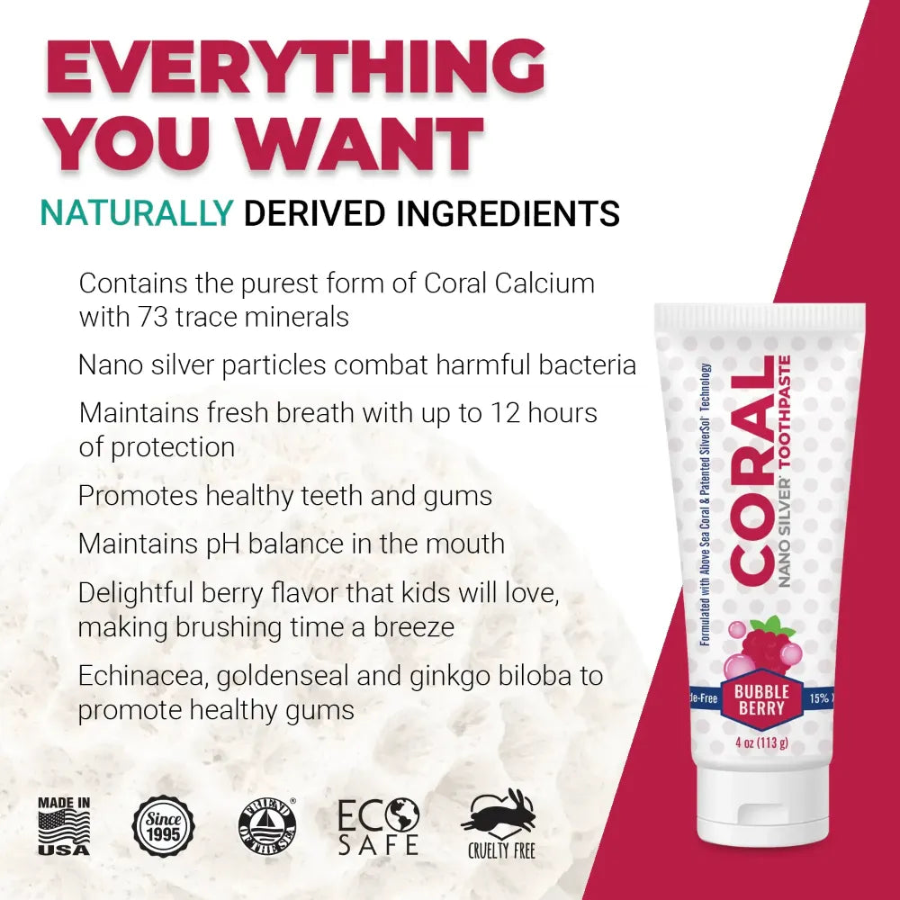 Coral Nano Silver Toothpaste in Bubble Berry flavor with naturally derived ingredient benefits including coral calcium, nano silver, and herbal extracts, displayed on a red and white infographic.