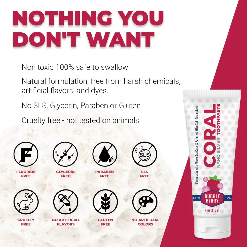 Coral Nano Silver Toothpaste in Bubble Berry flavor with product claims including fluoride-free, SLS-free, paraben-free, glycerin-free, gluten-free, artificial color and flavor-free, and cruelty-free, displayed on an infographic with icons.