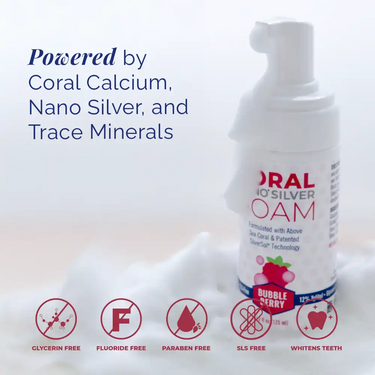 Coral Nano Silver Foaming Toothpaste Bubble Berry flavor with foam background — powered by coral calcium, nano silver, and trace minerals. Icons highlight key benefits: glycerin-free, fluoride-free, paraben-free, SLS-free, and whitens teeth. Natural fluoride-free oral care formula with SilverSol technology.