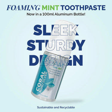 Coral Nano Silver foaming Cool Mint toothpaste in a 100ml aluminum pump bottle with text highlighting sleek, sturdy design and sustainable recyclable packaging on a light blue background.
