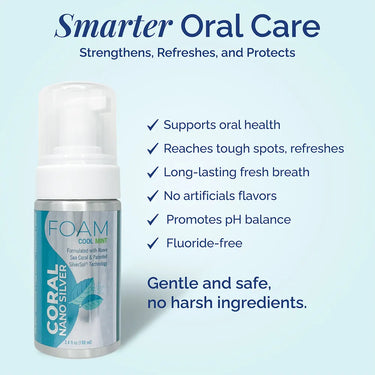 Coral Nano Silver foaming Cool Mint toothpaste with benefits including oral health support, long-lasting fresh breath, pH balance, and fluoride-free formula, shown with product bottle on a light blue background and text saying gentle and safe, no harsh ingredients.