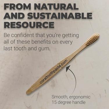 Eco-friendly bamboo toothbrush from Coral Toothpaste shown on a neutral surface. Features smooth, ergonomic 15-degree handle and soft bristles for gentle, effective cleaning. Made from sustainable, natural materials with engraved CoralToothpaste.com branding—ideal for eco-conscious oral care routines.