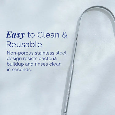 Reusable stainless steel tongue scraper with non-porous design, easy to clean and resistant to bacteria buildup for daily oral hygiene