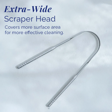 Extra-wide stainless steel tongue scraper head designed to cover more surface area for effective removal of odor-causing buildup