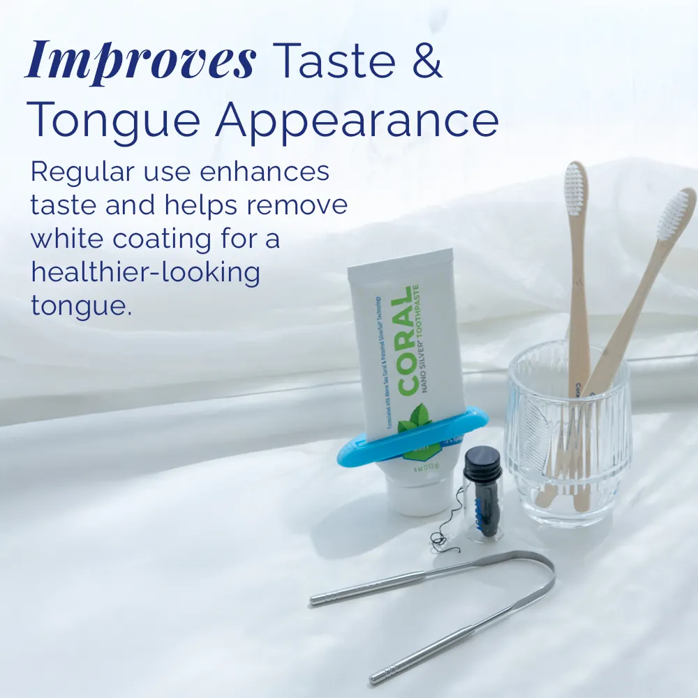 Coral stainless steel tongue scraper used alongside oral care tools to improve taste and tongue appearance by removing buildup and residue