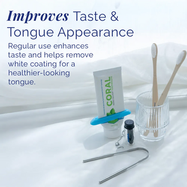 Coral stainless steel tongue scraper used alongside oral care tools to improve taste and tongue appearance by removing buildup and residue