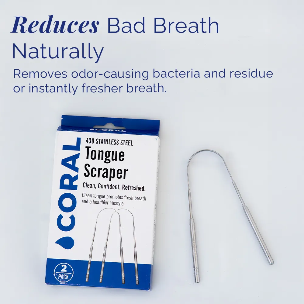 Coral stainless steel tongue scraper 2-pack with packaging, designed to remove odor-causing bacteria and reduce bad breath naturally