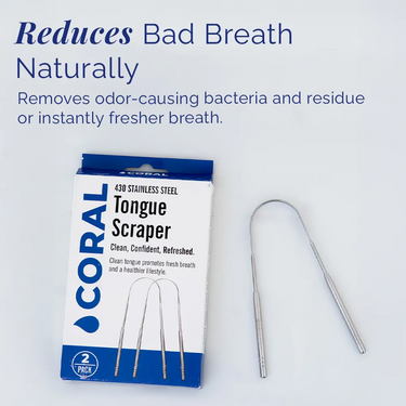 Coral stainless steel tongue scraper 2-pack with packaging, designed to remove odor-causing bacteria and reduce bad breath naturally