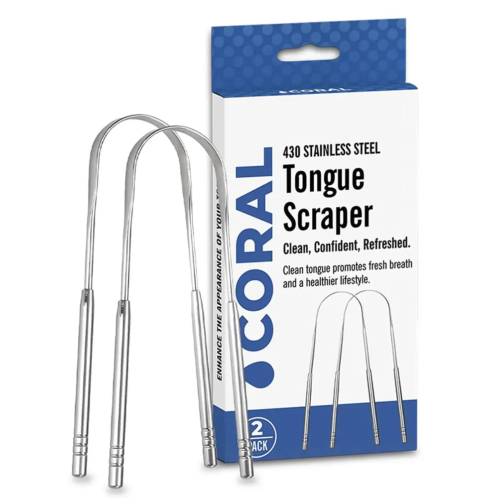 Coral 430 Stainless Steel Tongue Scraper with packaging, 2-pack oral hygiene tool designed to remove bacteria, freshen breath, and promote a cleaner, healthier tongue for better oral care.