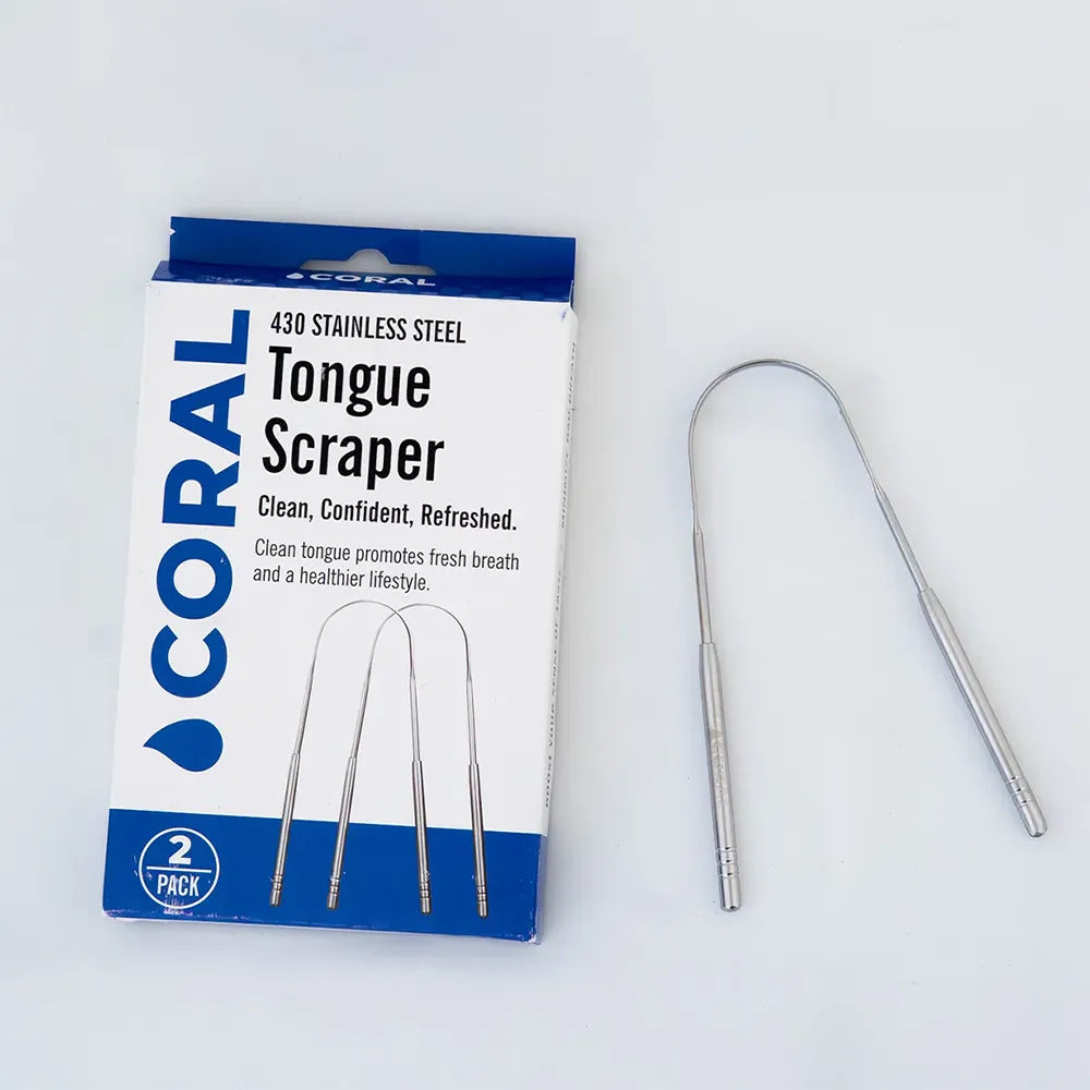 Coral 430 Stainless Steel Tongue Scraper 2-pack with packaging on white background, showing durable metal scraper designed for fresh breath, oral hygiene, and a cleaner, healthier tongue.