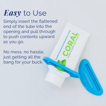Easy-to-use handy toothpaste squeezer shown inserted into a toothpaste tube, pushing contents upward to reduce mess and waste, demonstrated with Coral Nano Silver Toothpaste