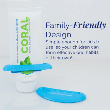 Family-friendly handy toothpaste squeezer attached to a Coral Nano Silver Toothpaste tube, designed for easy use by kids and adults to encourage consistent oral care habits