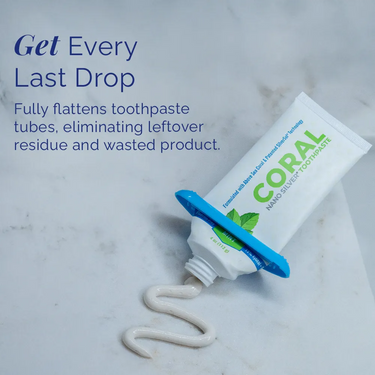 Handy toothpaste squeezer flattening a toothpaste tube to get every last drop, reducing waste and leftover residue, shown with Coral Nano Silver Toothpaste