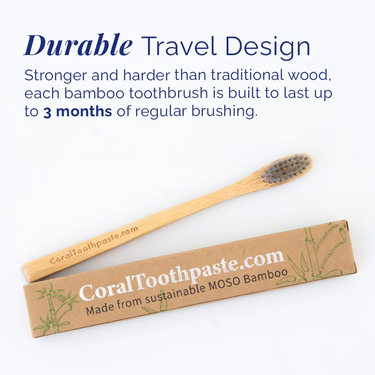 All-natural bamboo toothbrush made from sustainable MOSO bamboo, shown with recyclable packaging, designed for durable travel use and up to three months of regular brushing
