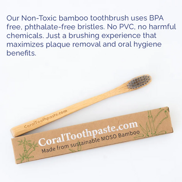Non-toxic all-natural bamboo toothbrush with BPA-free, phthalate-free bristles, shown with sustainable MOSO bamboo packaging, designed for safe and effective daily oral care