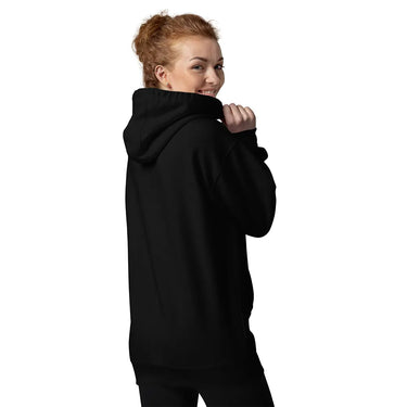 Person wearing a black hoodie on a white background