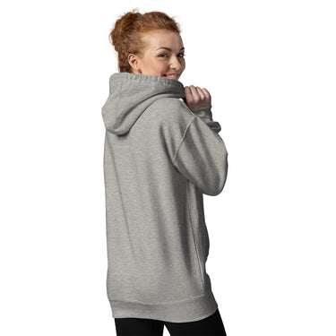 Person wearing a gray hoodie on a white background