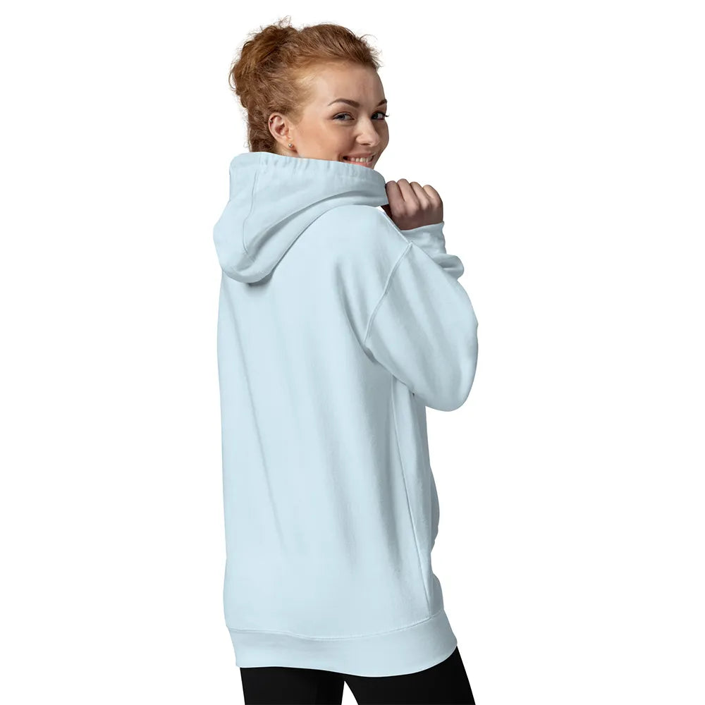 Person wearing a light blue hoodie on a white background