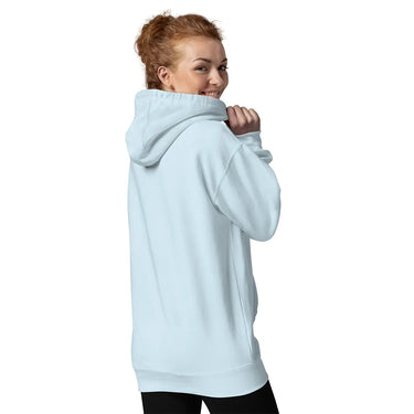 Person wearing a light blue hoodie on a white background