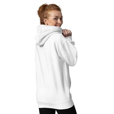 Person wearing a white hoodie on a white background